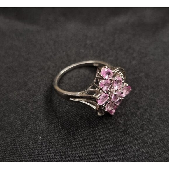 STS Signed 925 Sterling Silver Pink Sapphire Floral Design Ring Size 7.25 - Picture 2 of 5